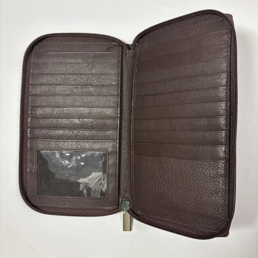 Genuine Brown Pebbled Leather RFID Blocking Zippered Passport Travel Wallet EUC